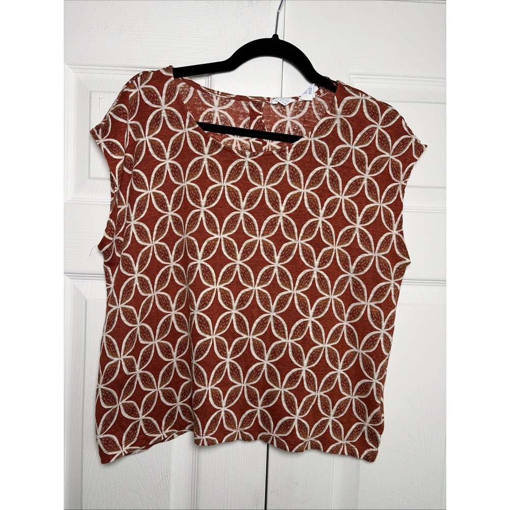Sigrid Olsen Geometric Petal Linen Top Womens Size L Rust Boho Summer 100% Linen